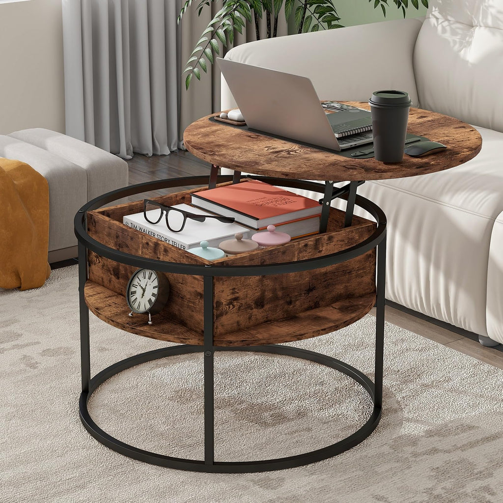HOJINLINERO Round Lift Top Coffee Table with Storage,Farmhouse Rustic Brown