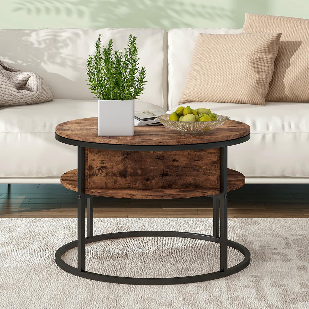 HOJINLINERO Round Lift Top Coffee Table with Storage,Farmhouse Rustic Brown