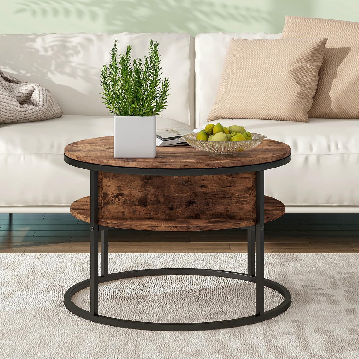 HOJINLINERO Round Lift Top Coffee Table with Storage,Farmhouse Rustic Brown