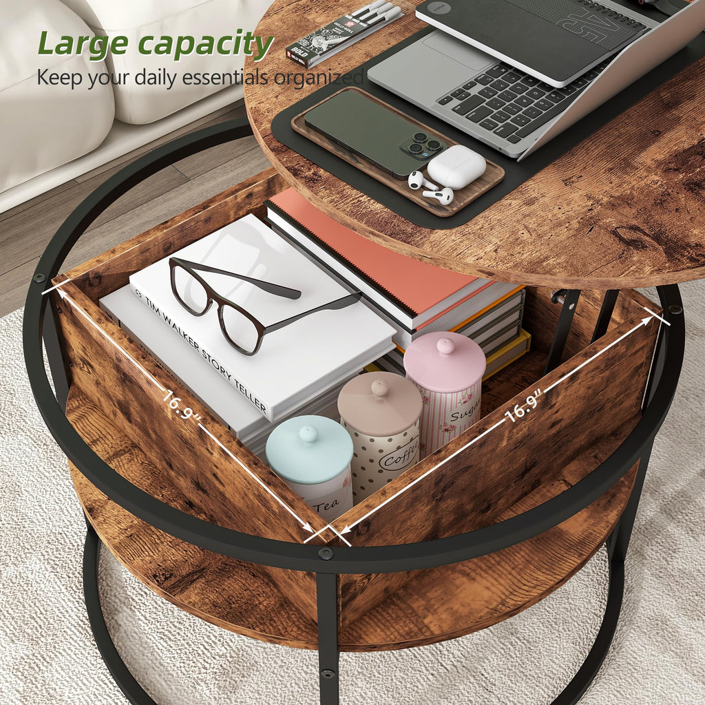 HOJINLINERO Round Lift Top Coffee Table with Storage,Farmhouse Rustic Brown