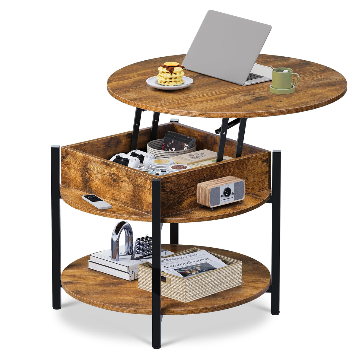 WLIVE Round Lift Table with 3 Shelves – Raised Top with Soft and Silent Mechanism, Secret Compartment – 68 x 68 x 49 cm, 50 kg, Rustic Oak
