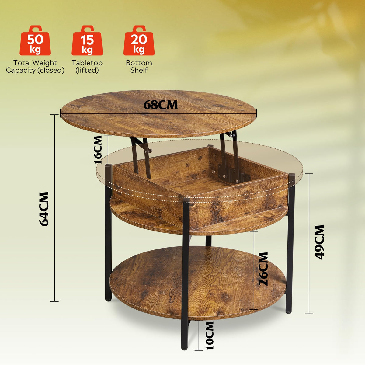 WLIVE Round Lift Table with 3 Shelves – Raised Top with Soft and Silent Mechanism, Secret Compartment – 68 x 68 x 49 cm, 50 kg, Rustic Oak