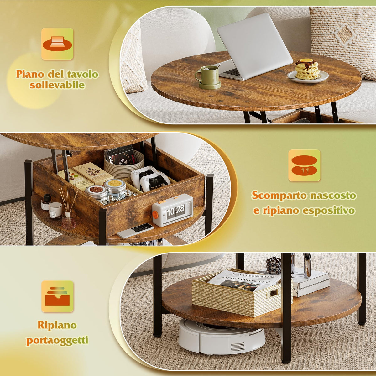 WLIVE Round Lift Table with 3 Shelves – Raised Top with Soft and Silent Mechanism, Secret Compartment – 68 x 68 x 49 cm, 50 kg, Rustic Oak
