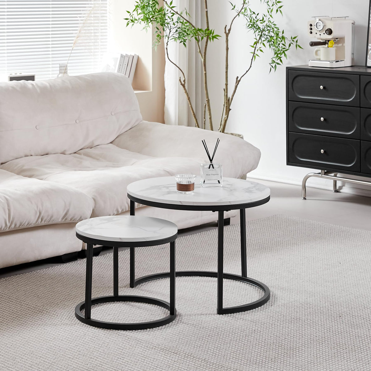 GrandCA HOME Set of 2 Round Coffee Tables, Side Tables (Imitation Marble) for Living Room, Large Size: 60 x 60 x 45 cm; small size: 40 x 40 x 35 cm, Black