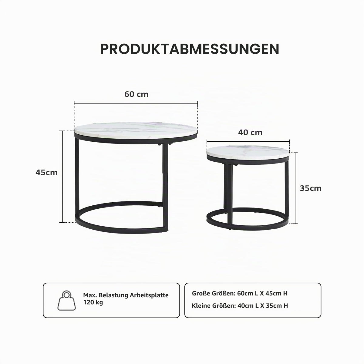 GrandCA HOME Set of 2 Round Coffee Tables, Side Tables (Imitation Marble) for Living Room, Large Size: 60 x 60 x 45 cm; small size: 40 x 40 x 35 cm, Black