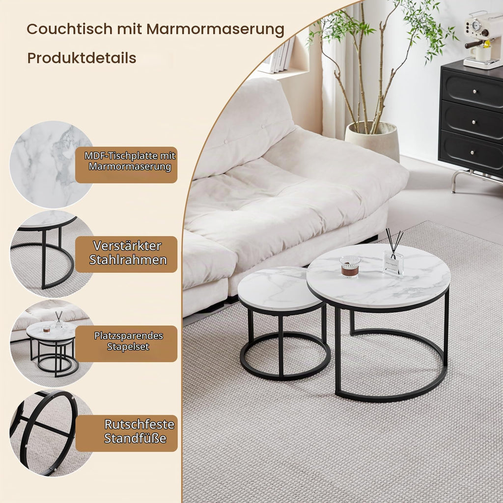 GrandCA HOME Set of 2 Round Coffee Tables, Side Tables (Imitation Marble) for Living Room, Large Size: 60 x 60 x 45 cm; small size: 40 x 40 x 35 cm, Black