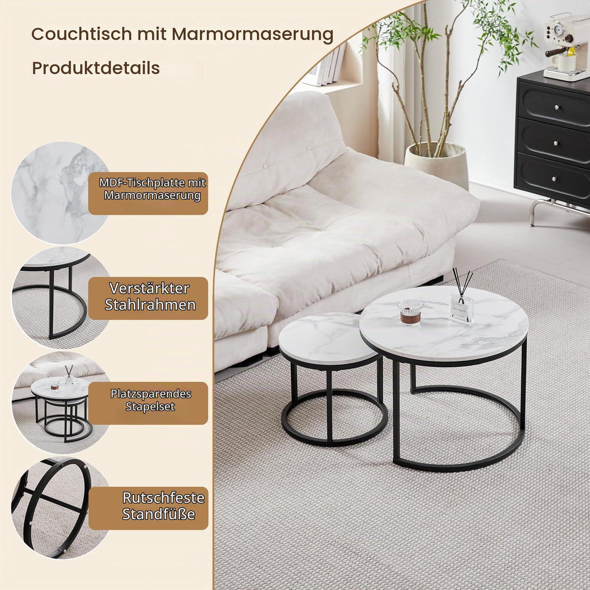 GrandCA HOME Set of 2 Round Coffee Tables, Side Tables (Imitation Marble) for Living Room, Large Size: 60 x 60 x 45 cm; small size: 40 x 40 x 35 cm, Black