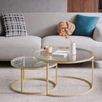 Set of 2 Gold Coffee Nest Tables, Glass Nest Tables for Living Room, Bedroom, Modern Side Table with Transparent Tempered Glass (Glass/Gold, 60 cm+40 cm)