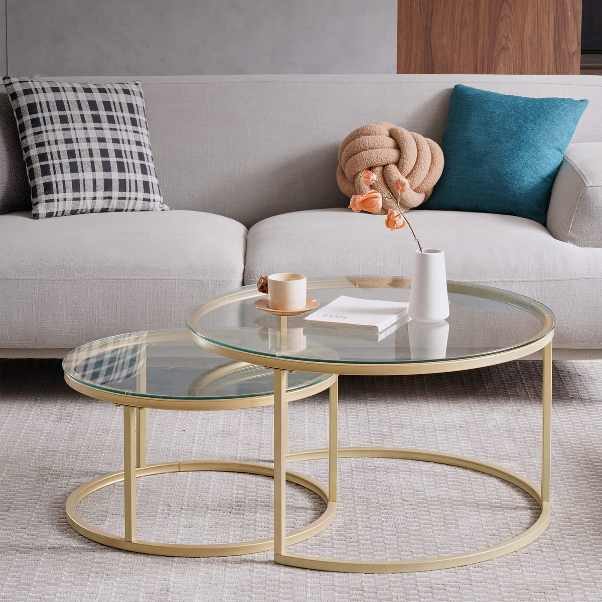 Set of 2 Gold Coffee Nest Tables, Glass Nest Tables for Living Room, Bedroom, Modern Side Table with Transparent Tempered Glass (Glass/Gold, 60 cm+40 cm)