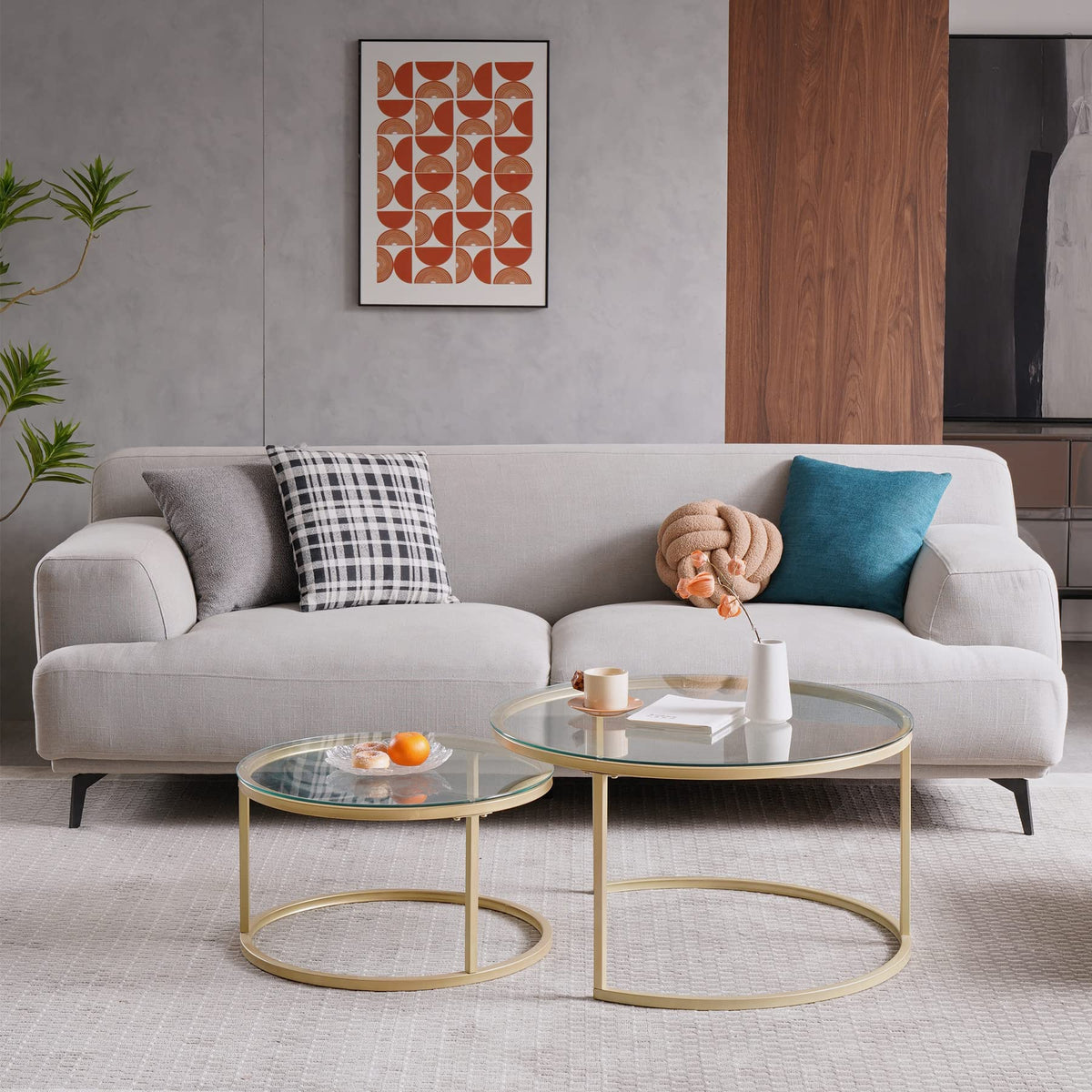 Set of 2 Gold Coffee Nest Tables, Glass Nest Tables for Living Room, Bedroom, Modern Side Table with Transparent Tempered Glass (Glass/Gold, 60 cm+40 cm)