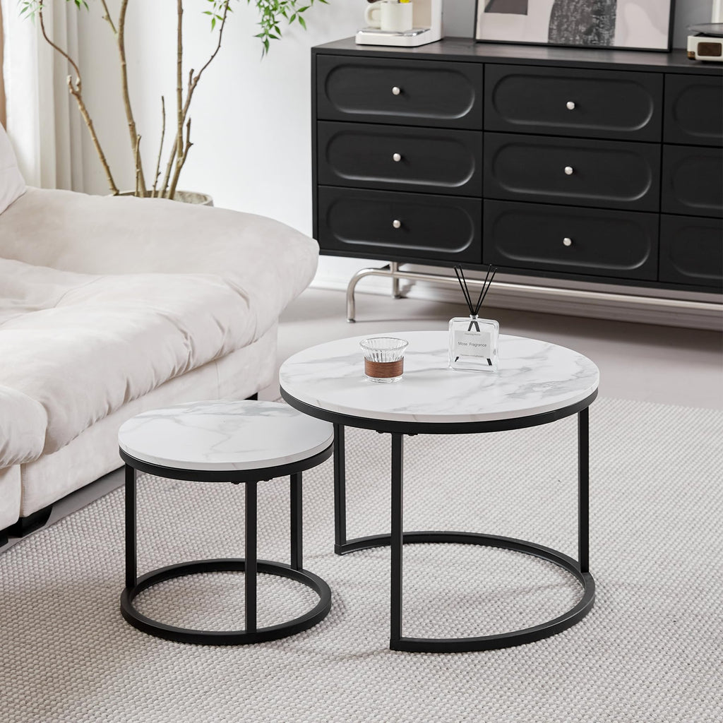 GrandCA HOME Set of 2 Round Nesting Coffee Tables with Black Metal Frame, White Marble Top Side Tables for Living Room, Bedroom, Office, Apartment (Black) - 60 x 60/40 x 40 cm