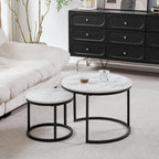 GrandCA HOME Set of 2 Round Nesting Coffee Tables with Black Metal Frame, White Marble Top Side Tables for Living Room, Bedroom, Office, Apartment (Black) - 60 x 60/40 x 40 cm