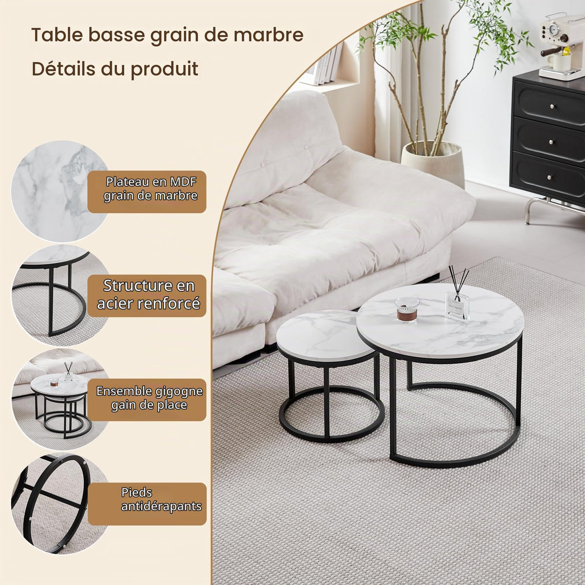 GrandCA HOME Set of 2 Round Nesting Coffee Tables with Black Metal Frame, White Marble Top Side Tables for Living Room, Bedroom, Office, Apartment (Black) - 60 x 60/40 x 40 cm