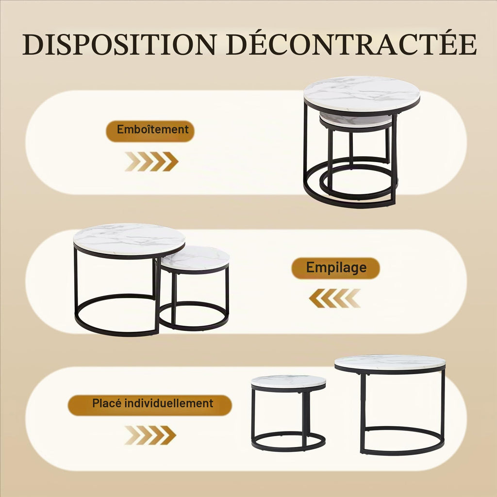 GrandCA HOME Set of 2 Round Nesting Coffee Tables with Black Metal Frame, White Marble Top Side Tables for Living Room, Bedroom, Office, Apartment (Black) - 60 x 60/40 x 40 cm