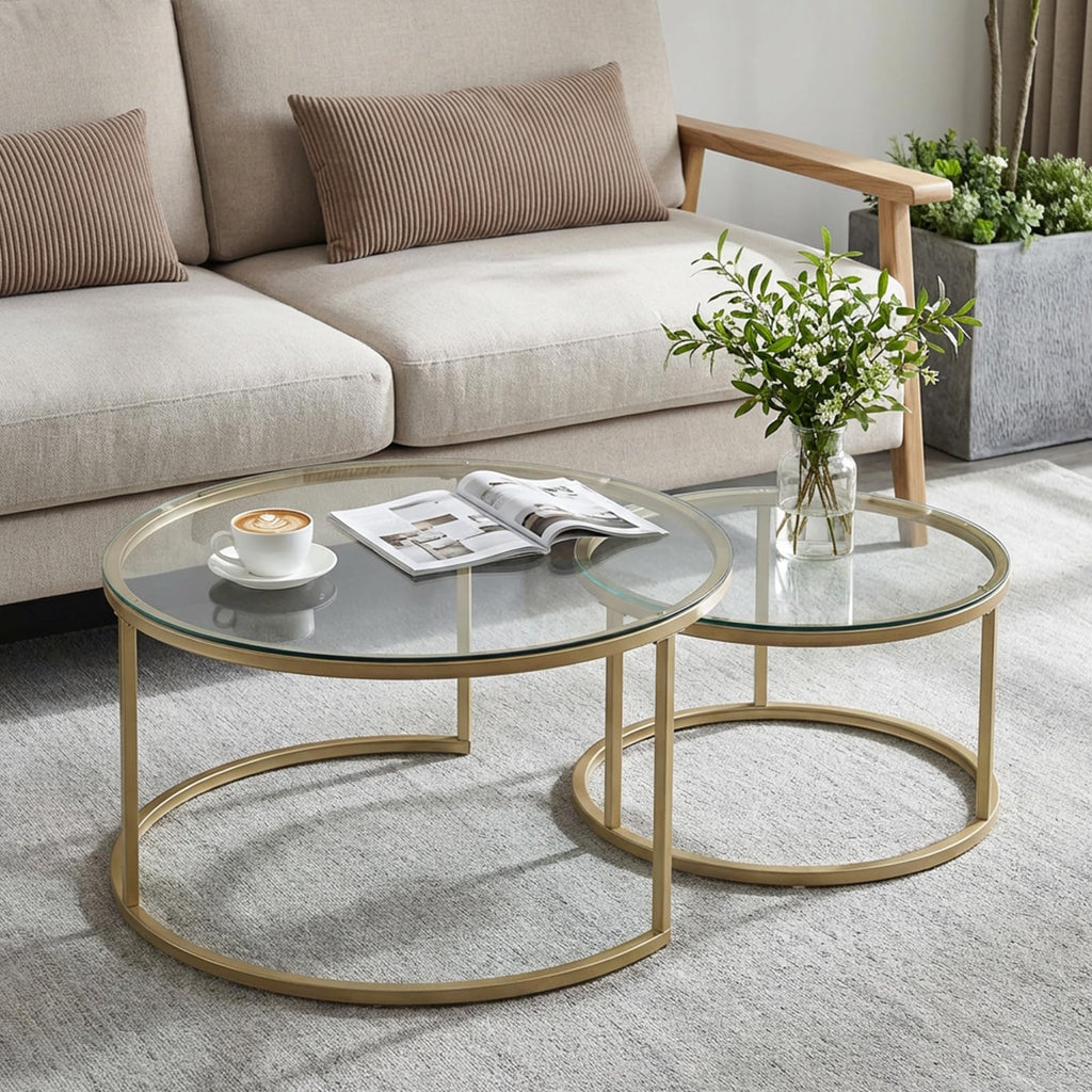 buybyroom Round Nest of Tables Set of 2, Round Coffee Table for Living Room, Gold Coffee Table, Suitable for Living Room, Bedroom and Balcony, Tempered Glass Tabletop, Golden Frosted Iron Frame, Gold