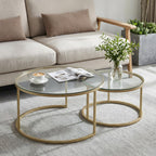 buybyroom Round Nest of Tables Set of 2, Round Coffee Table for Living Room, Gold Coffee Table, Suitable for Living Room, Bedroom and Balcony, Tempered Glass Tabletop, Golden Frosted Iron Frame, Gold