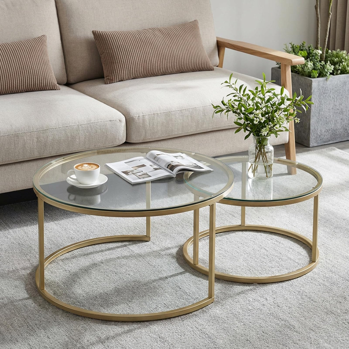 buybyroom Round Nest of Tables Set of 2, Round Coffee Table for Living Room, Gold Coffee Table, Suitable for Living Room, Bedroom and Balcony, Tempered Glass Tabletop, Golden Frosted Iron Frame, Gold