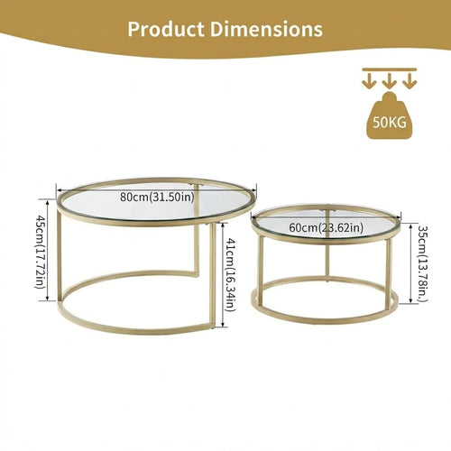 buybyroom Round Nest of Tables Set of 2, Round Coffee Table for Living Room, Gold Coffee Table, Suitable for Living Room, Bedroom and Balcony, Tempered Glass Tabletop, Golden Frosted Iron Frame, Gold