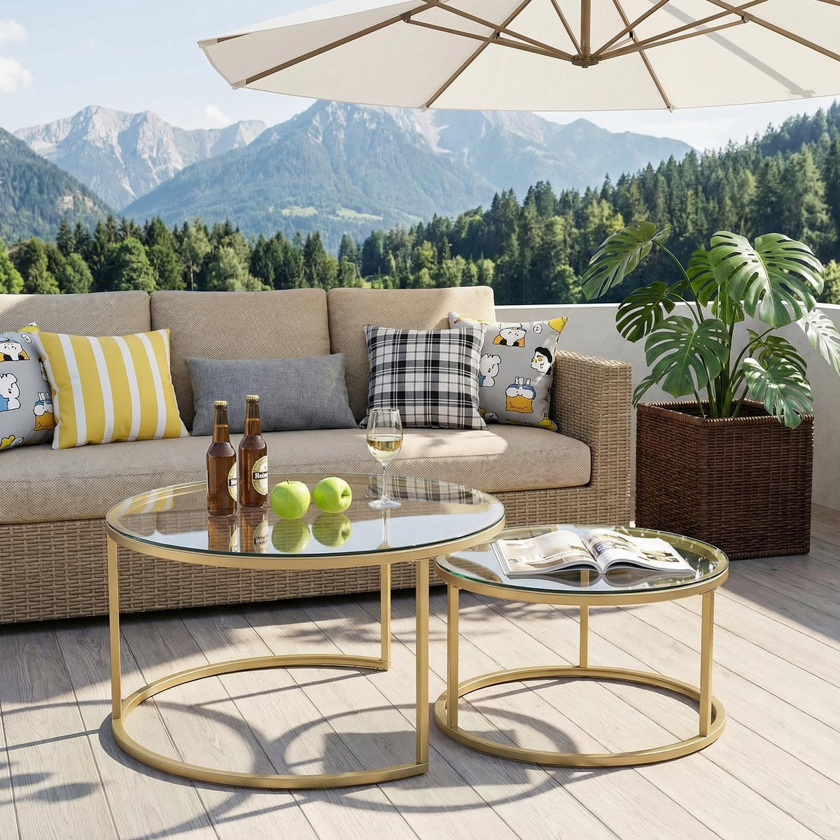 buybyroom Round Nest of Tables Set of 2, Round Coffee Table for Living Room, Gold Coffee Table, Suitable for Living Room, Bedroom and Balcony, Tempered Glass Tabletop, Golden Frosted Iron Frame, Gold