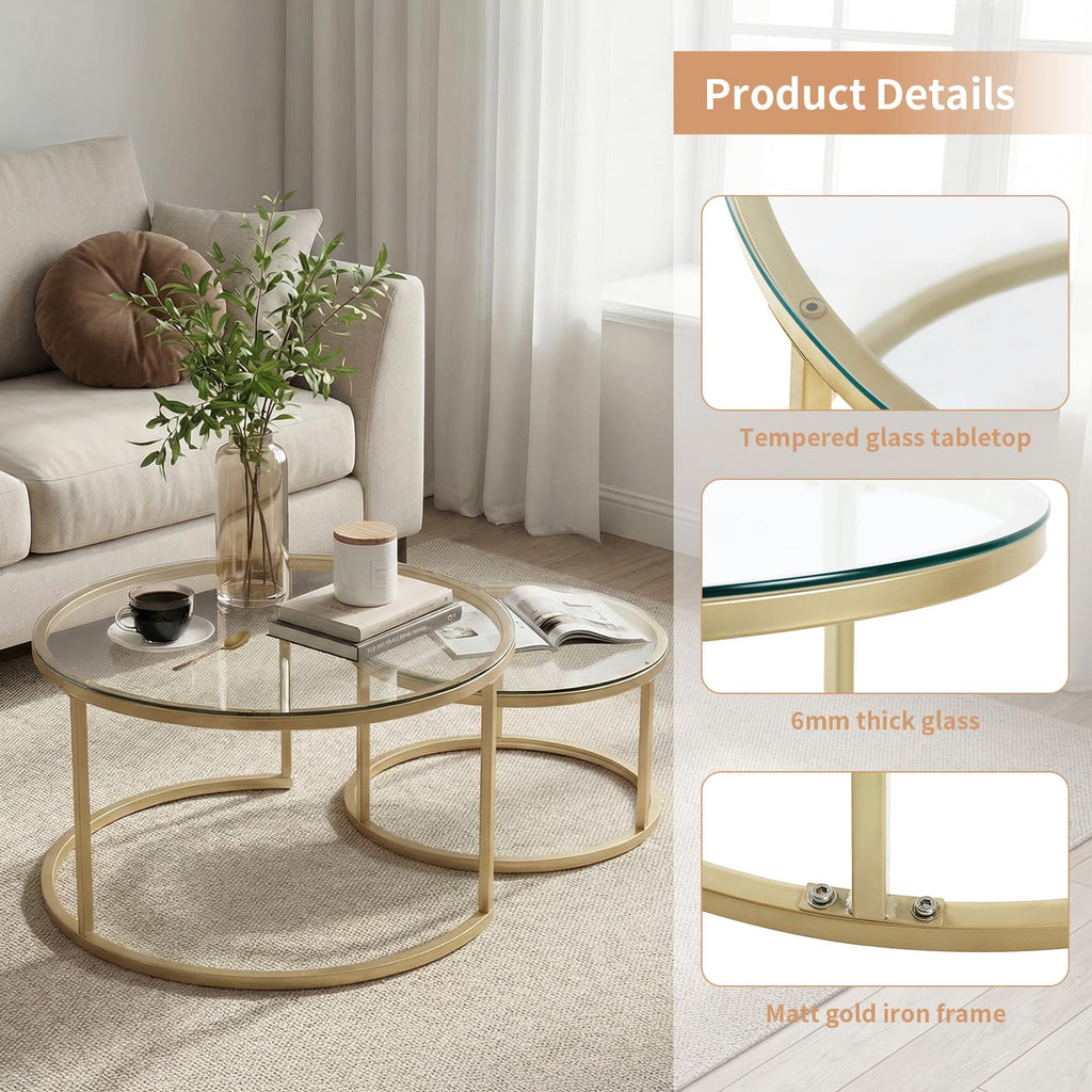 buybyroom Round Nest of Tables Set of 2, Round Coffee Table for Living Room, Gold Coffee Table, Suitable for Living Room, Bedroom and Balcony, Tempered Glass Tabletop, Golden Frosted Iron Frame, Gold