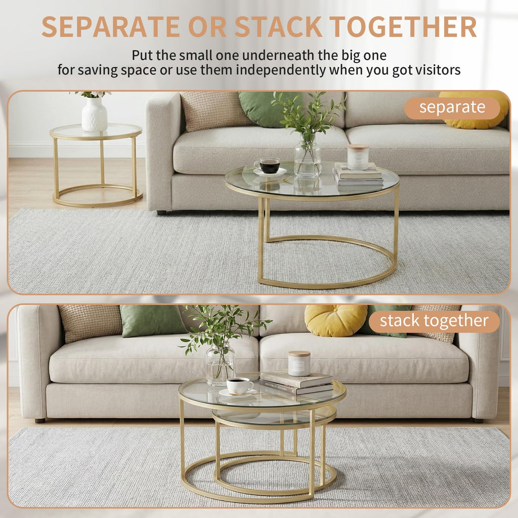 buybyroom Round Nest of Tables Set of 2, Round Coffee Table for Living Room, Gold Coffee Table, Suitable for Living Room, Bedroom and Balcony, Tempered Glass Tabletop, Golden Frosted Iron Frame, Gold