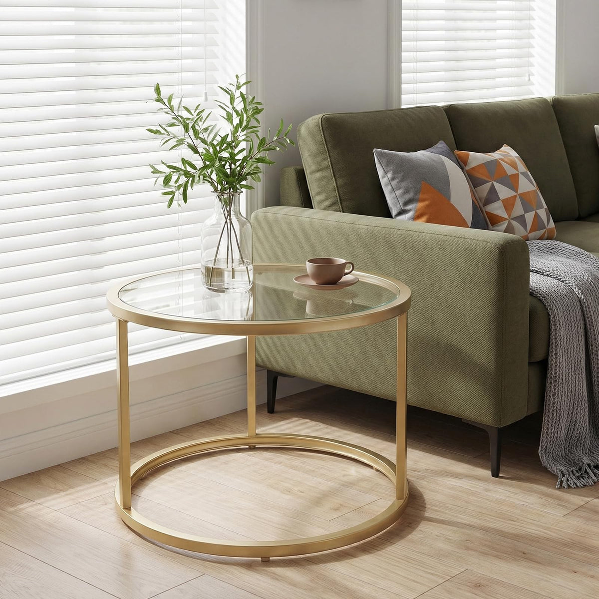 buybyroom Round Nest of Tables Set of 2, Round Coffee Table for Living Room, Gold Coffee Table, Suitable for Living Room, Bedroom and Balcony, Tempered Glass Tabletop, Golden Frosted Iron Frame, Gold