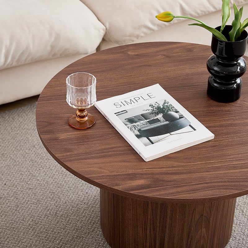 Round Coffee Table, Set of 2, Wooden Side Table, Modern Coffee Table with Roman Column Base for Living Room, Balcony, Bedroom (Brown Wood Grain)