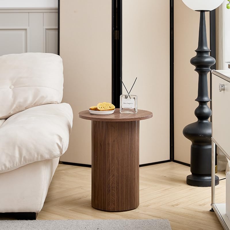 Round Coffee Table, Set of 2, Wooden Side Table, Modern Coffee Table with Roman Column Base for Living Room, Balcony, Bedroom (Brown Wood Grain)