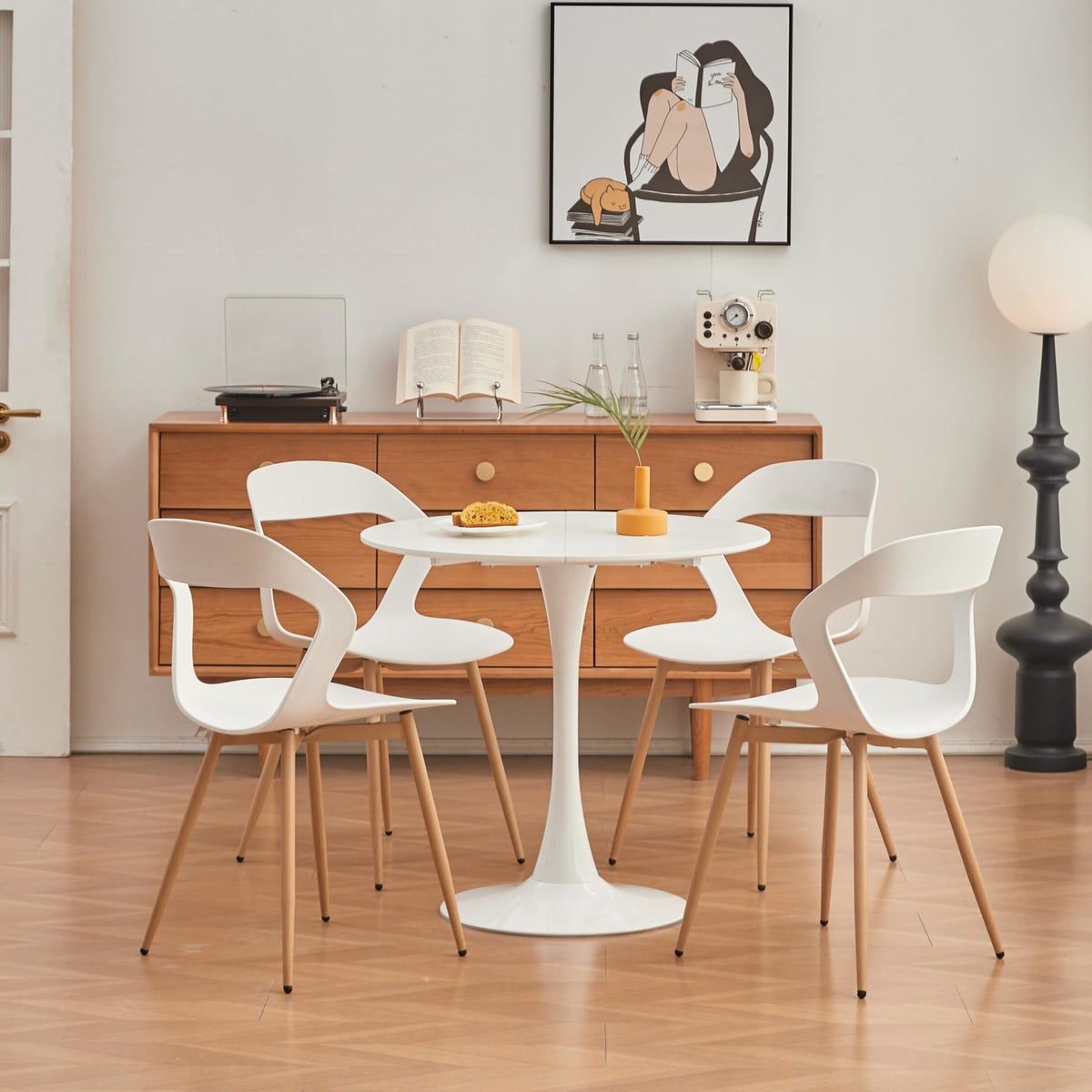 80cm Round Dining Table 80cm Suitable for 2 to 4 People MDF/Metal Legs Suitable for Kitchen/Dining Room/Cafe/Living Room (White)