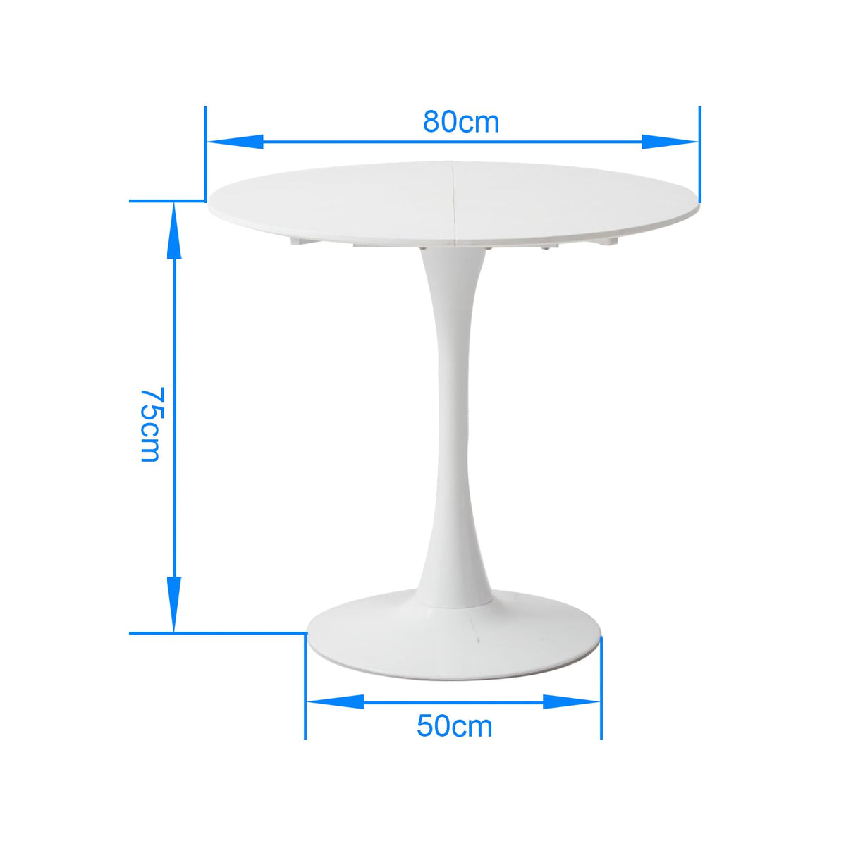 80cm Round Dining Table 80cm Suitable for 2 to 4 People MDF/Metal Legs Suitable for Kitchen/Dining Room/Cafe/Living Room (White)