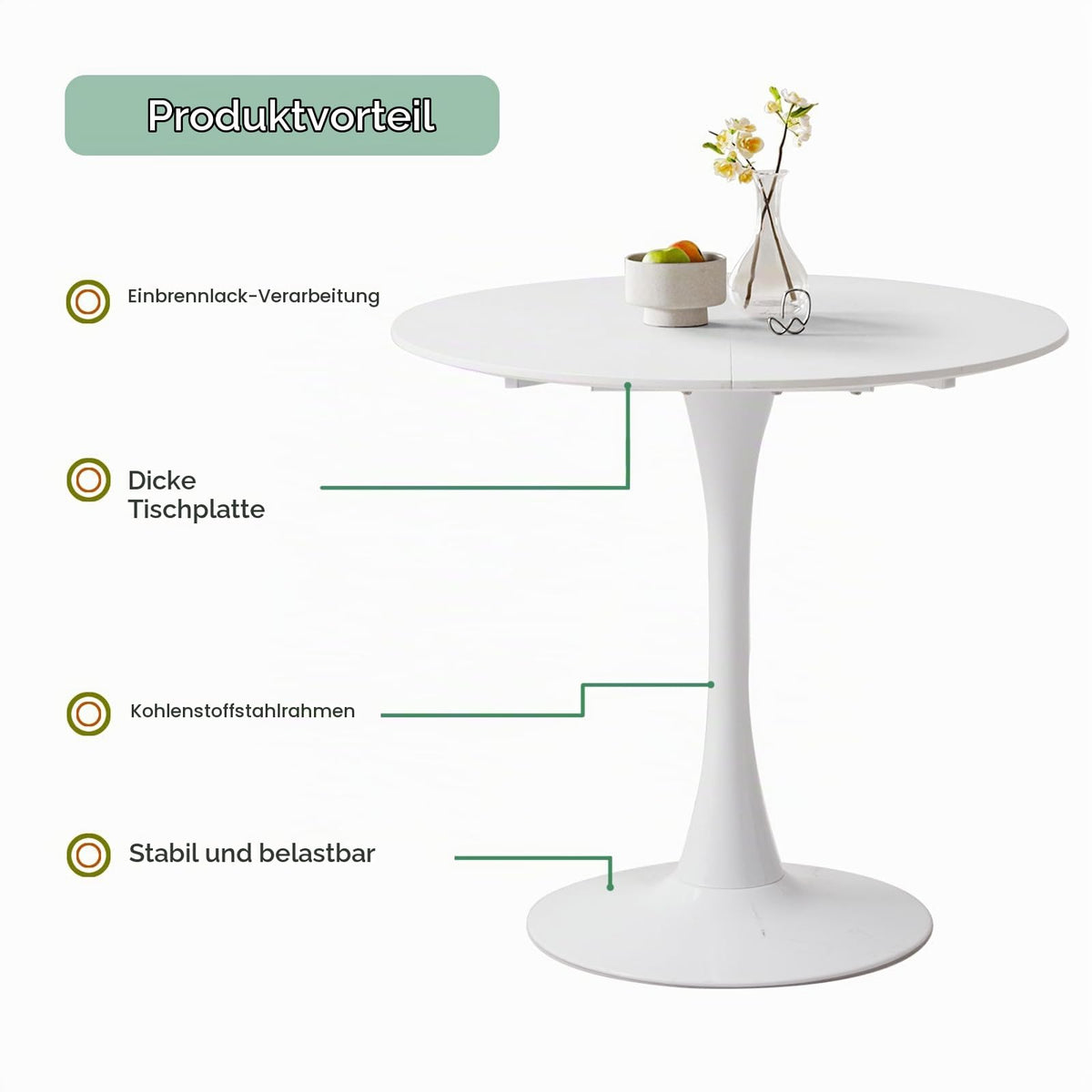 80cm Round Dining Table 80cm Suitable for 2 to 4 People MDF/Metal Legs Suitable for Kitchen/Dining Room/Cafe/Living Room (White)