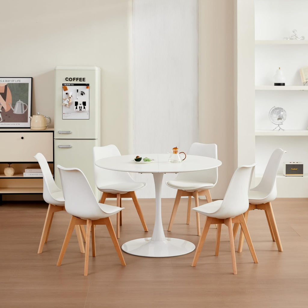 Round Dining Table, Modern Casual Dining Table, Suitable for 4-6 People, Rerfekt for Living Room, Dining Room, Kitchen, Cafe - White - 110 cm