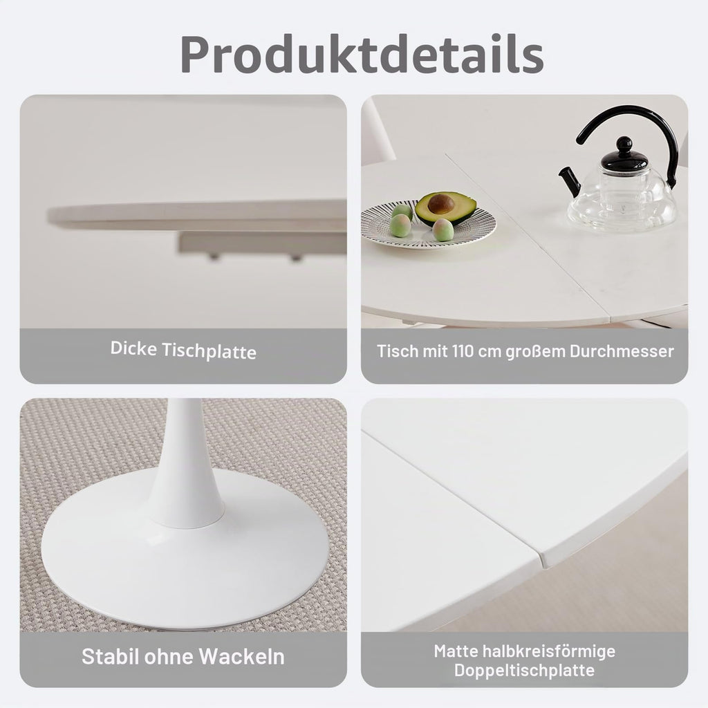 Round Dining Table, Modern Casual Dining Table, Suitable for 4-6 People, Rerfekt for Living Room, Dining Room, Kitchen, Cafe - White - 110 cm