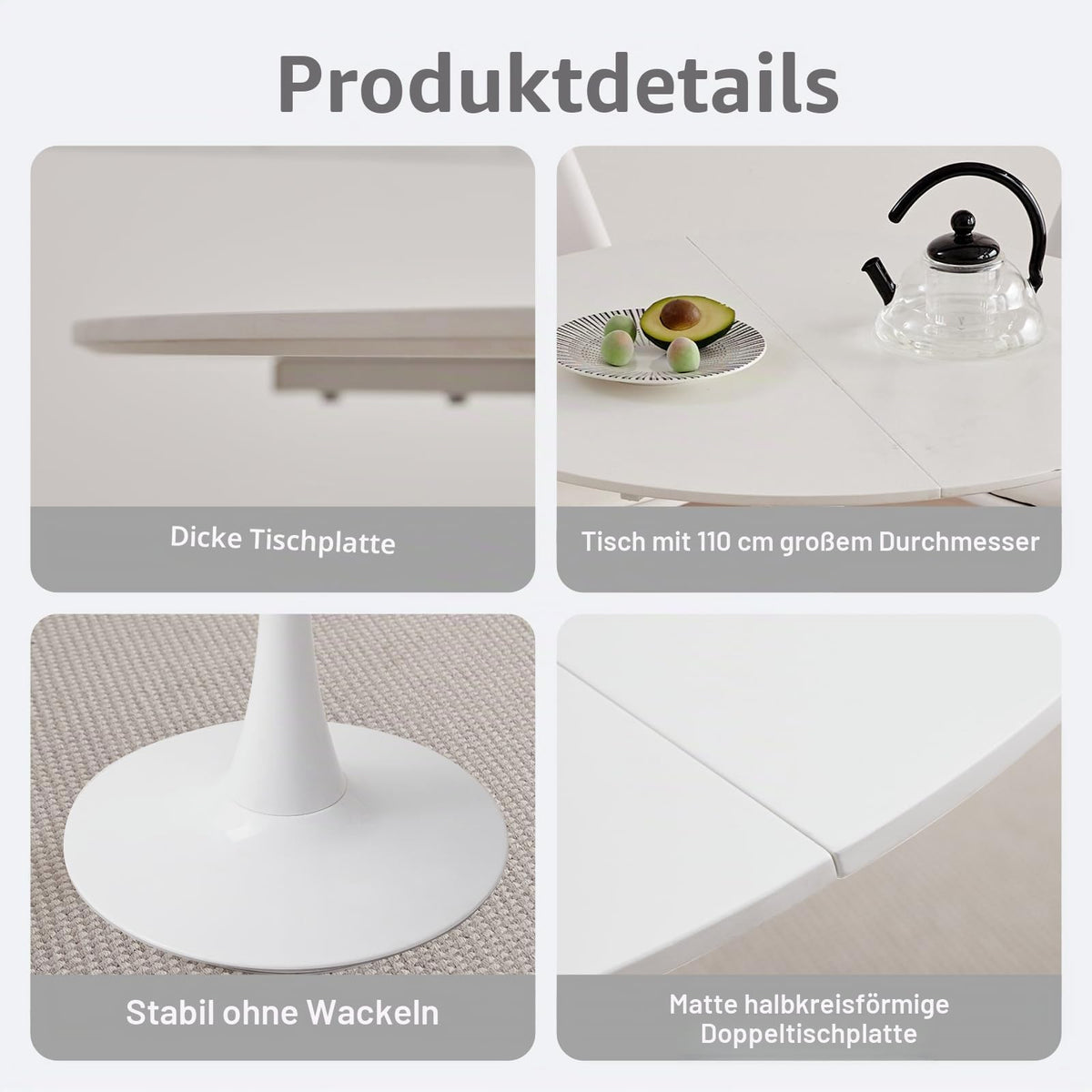 Round Dining Table, Modern Casual Dining Table, Suitable for 4-6 People, Rerfekt for Living Room, Dining Room, Kitchen, Cafe - White - 110 cm