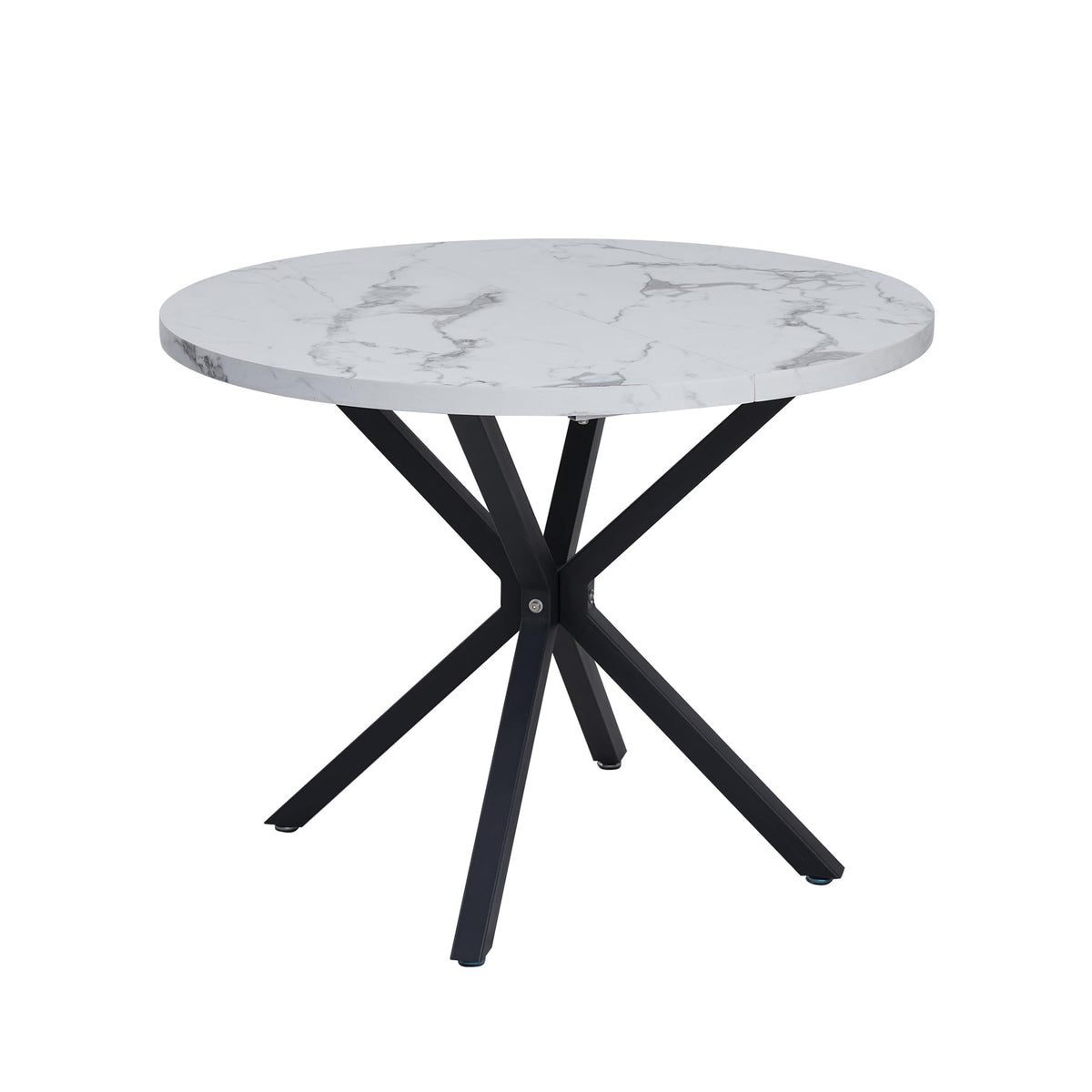 GrandCA HOME Round Dining Table with Top Marble Effect Modern Kitchen Table with Four Metal Legs for Dining Room Living Room White + BKL