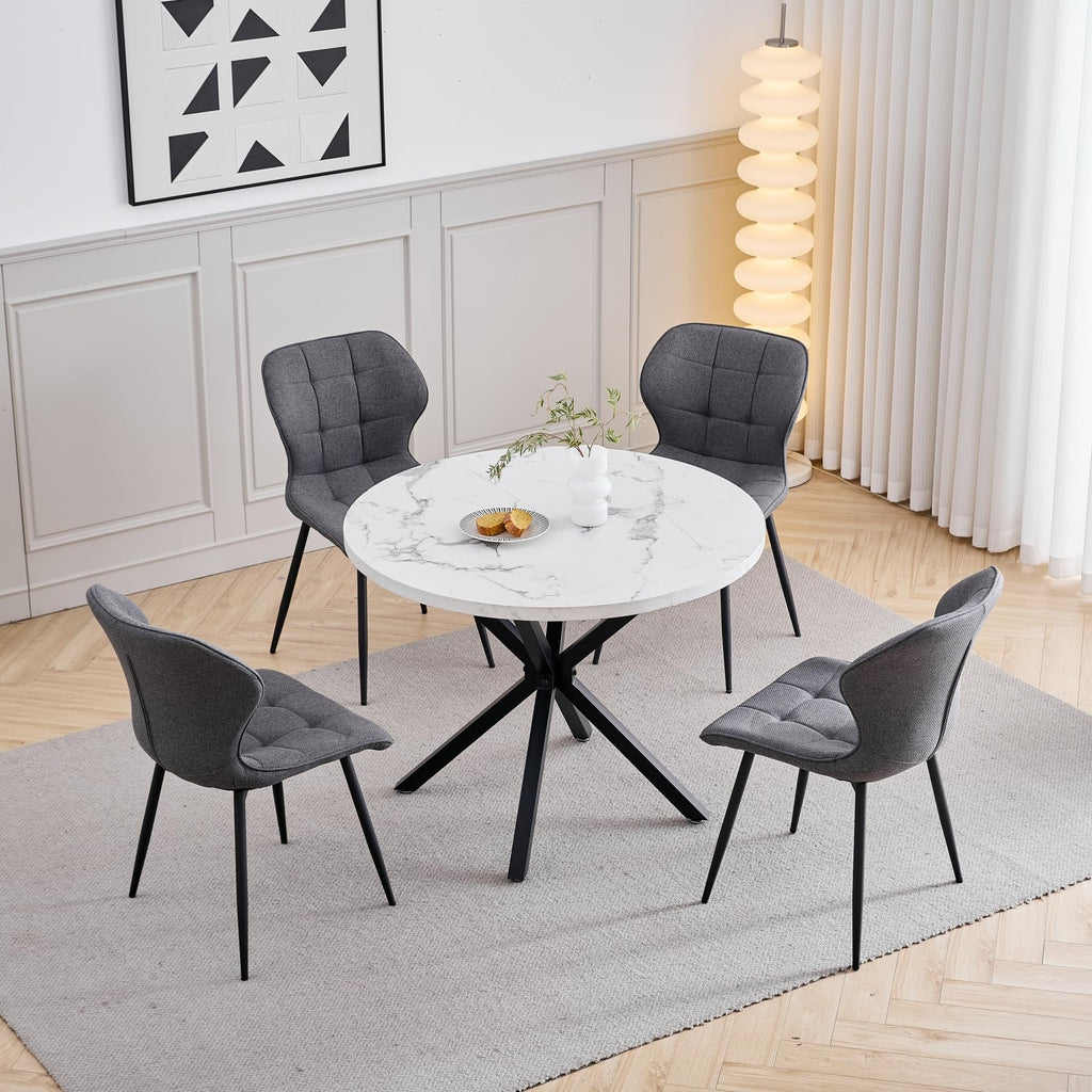 GrandCA HOME Round Dining Table with Top Marble Effect Modern Kitchen Table with Four Metal Legs for Dining Room Living Room White + BKL