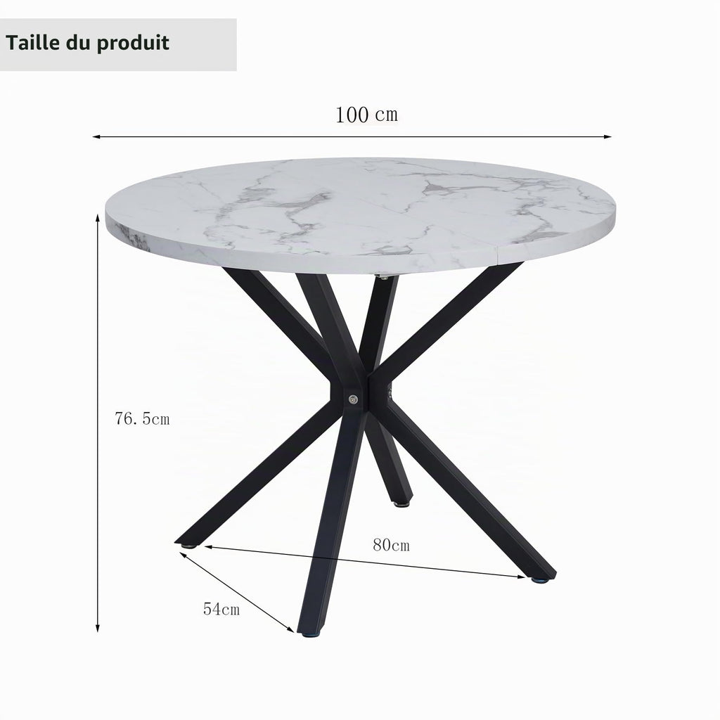 GrandCA HOME Round Dining Table with Top Marble Effect Modern Kitchen Table with Four Metal Legs for Dining Room Living Room White + BKL