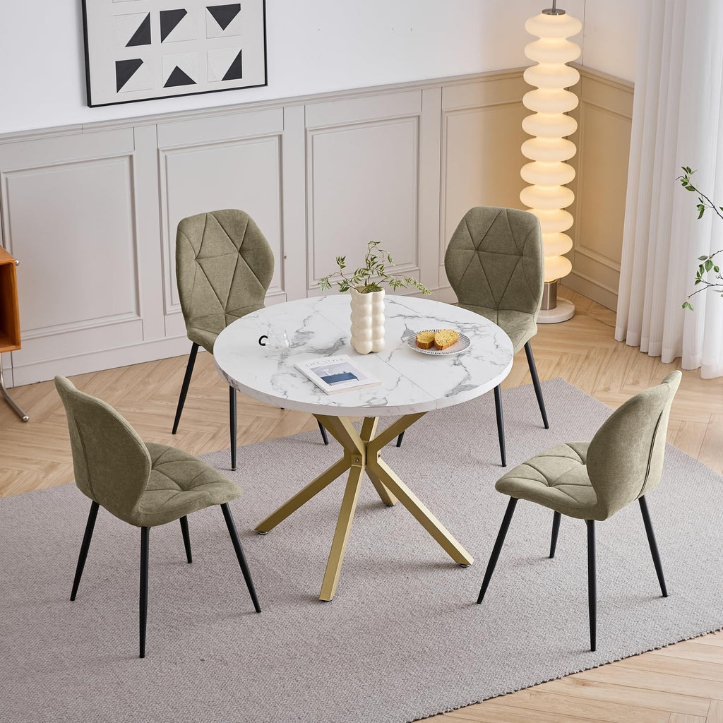 GrandCA HOME Dining Table and Chairs, 100cm Round Table and 4 Modern Linen Chairs for Dining Room Kitchen Living Room (Marble+Green)