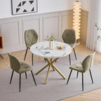 GrandCA HOME Dining Table and Chairs, 100cm Round Table and 4 Modern Linen Chairs for Dining Room Kitchen Living Room (Marble+Green)