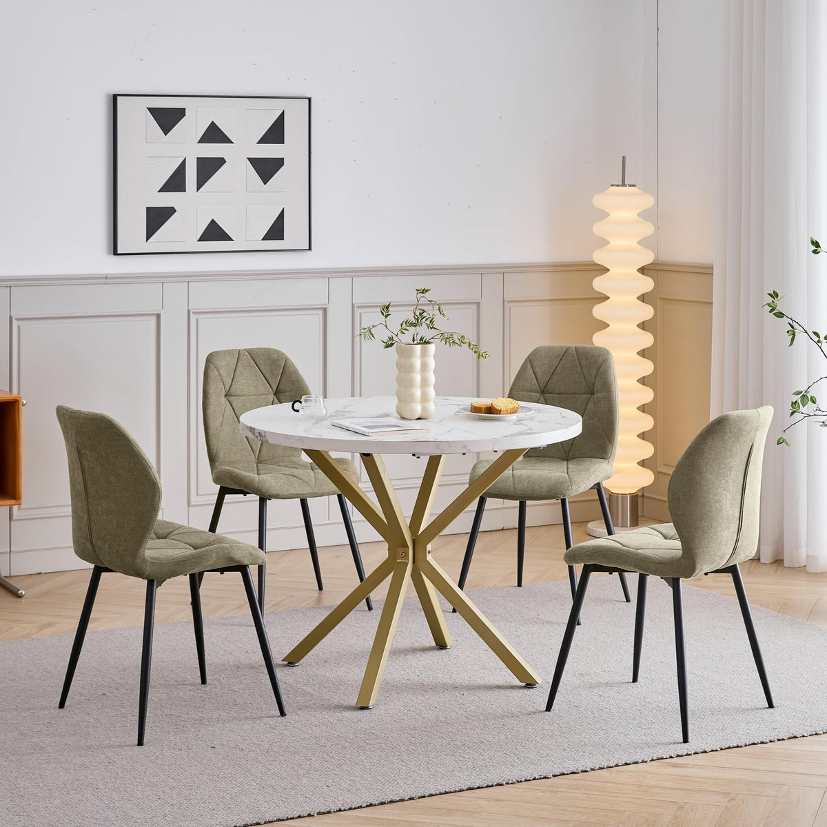 GrandCA HOME Dining Table and Chairs, 100cm Round Table and 4 Modern Linen Chairs for Dining Room Kitchen Living Room (Marble+Green)