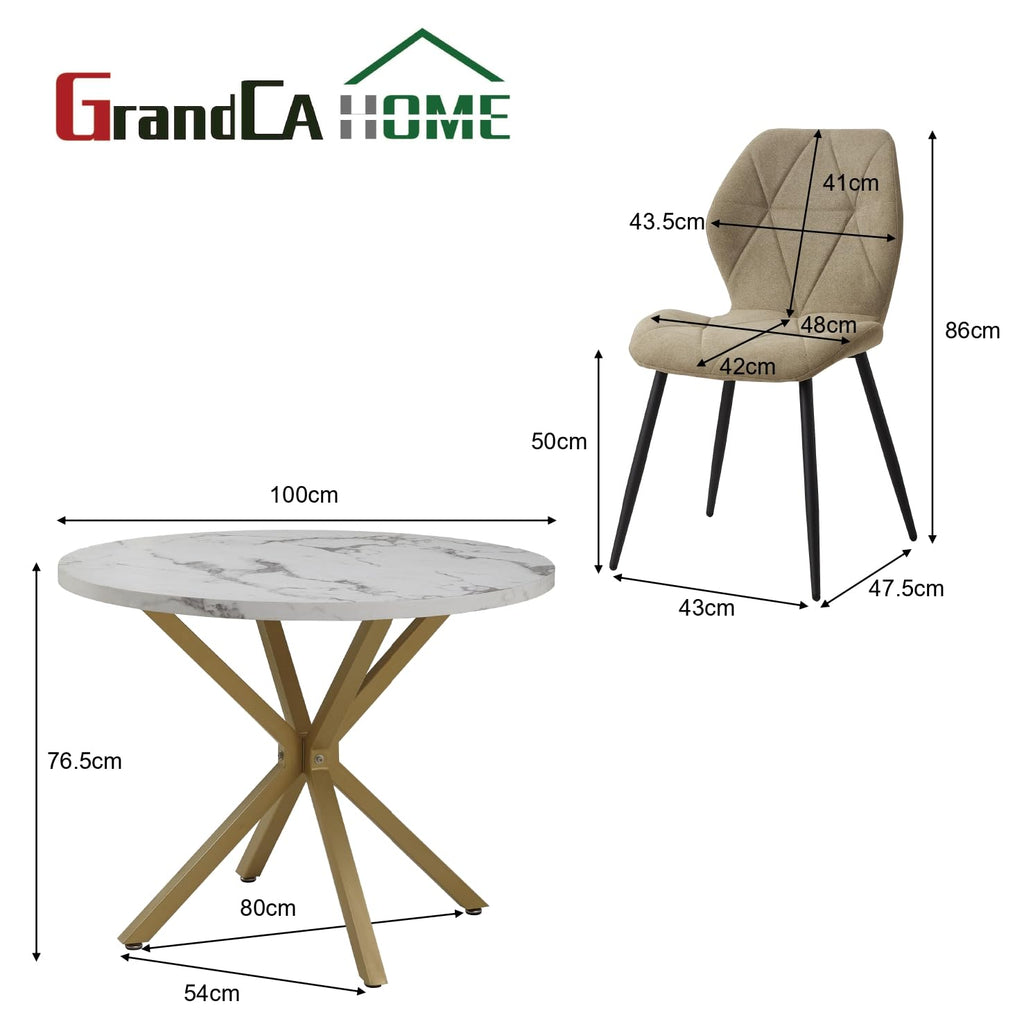 GrandCA HOME Dining Table and Chairs, 100cm Round Table and 4 Modern Linen Chairs for Dining Room Kitchen Living Room (Marble+Green)