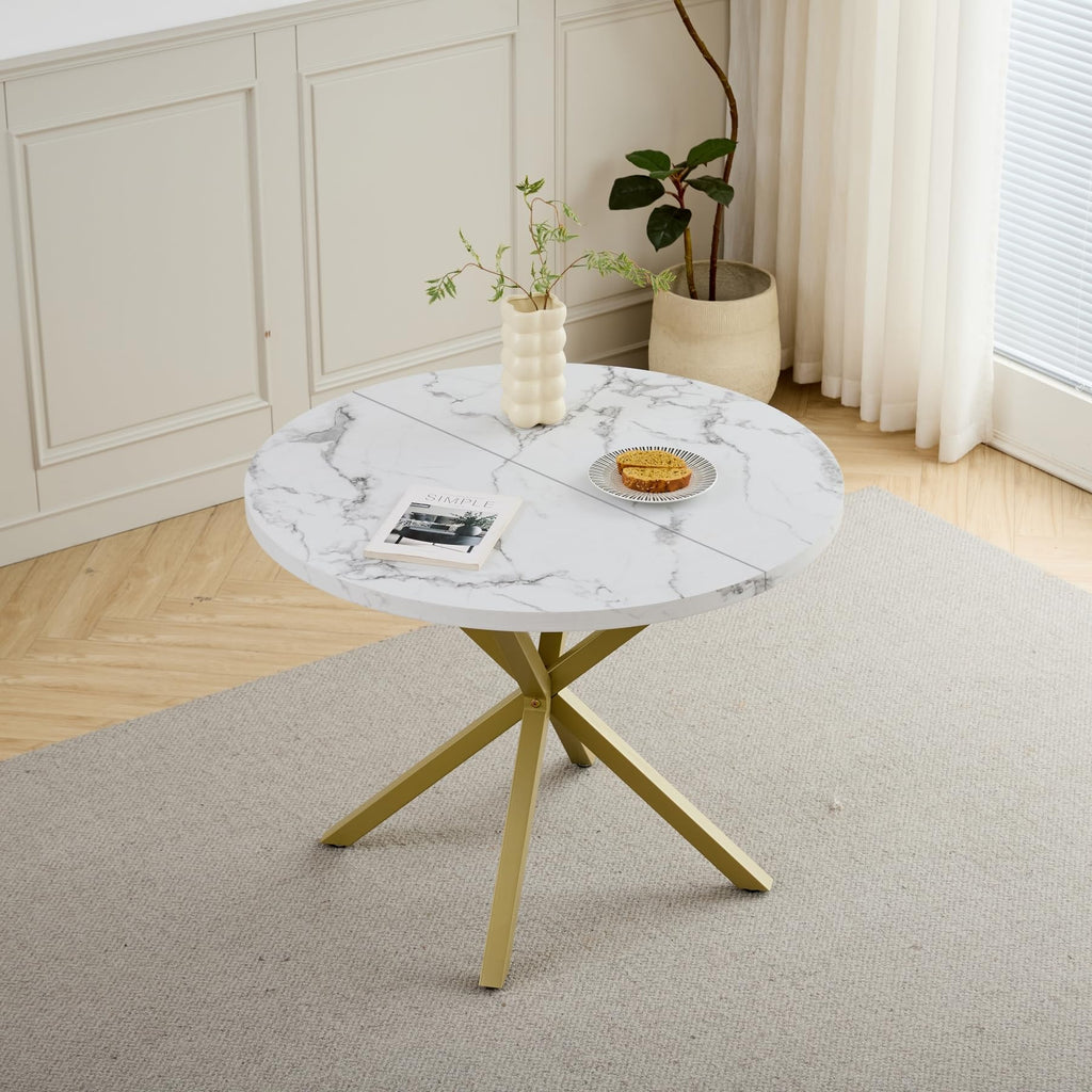 GrandCA HOME Dining Table and Chairs, 100cm Round Table and 4 Modern Linen Chairs for Dining Room Kitchen Living Room (Marble+Green)