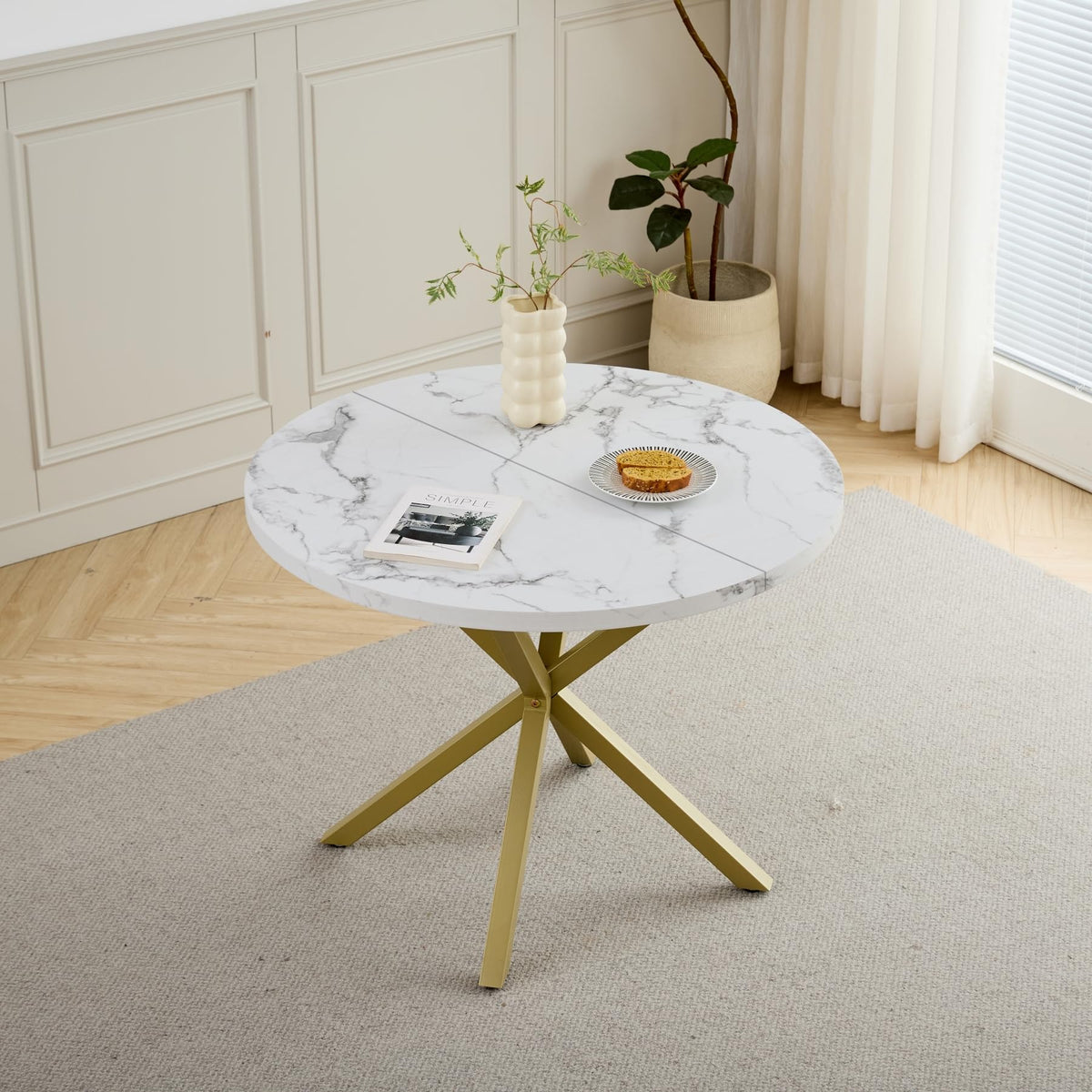 GrandCA HOME Dining Table and Chairs, 100cm Round Table and 4 Modern Linen Chairs for Dining Room Kitchen Living Room (Marble+Green)