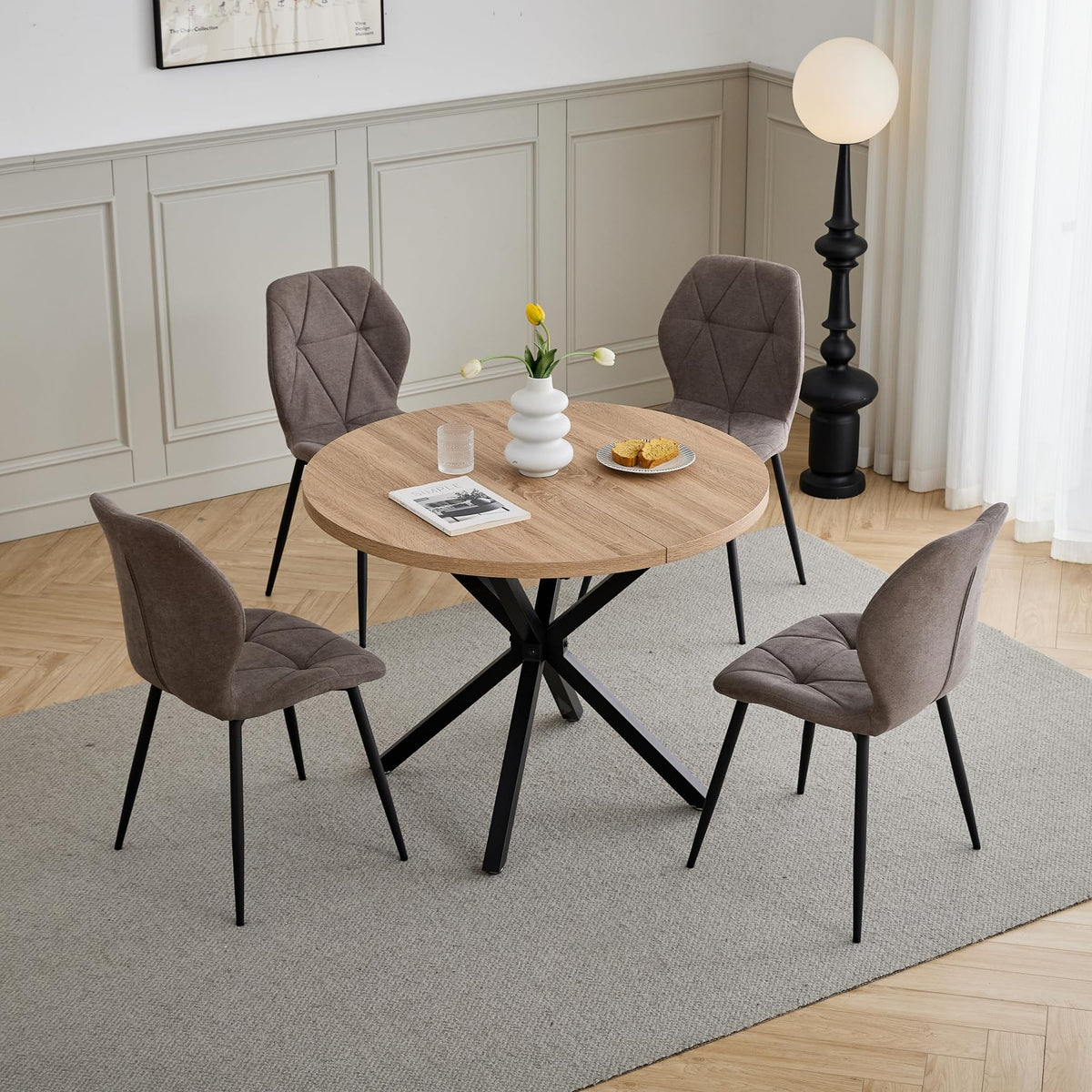 GrandCA HOME Dining Table and Chairs, 100cm Round Table and 4 Modern Linen Chairs for Dining Room Kitchen Living Room (Marble+Green)