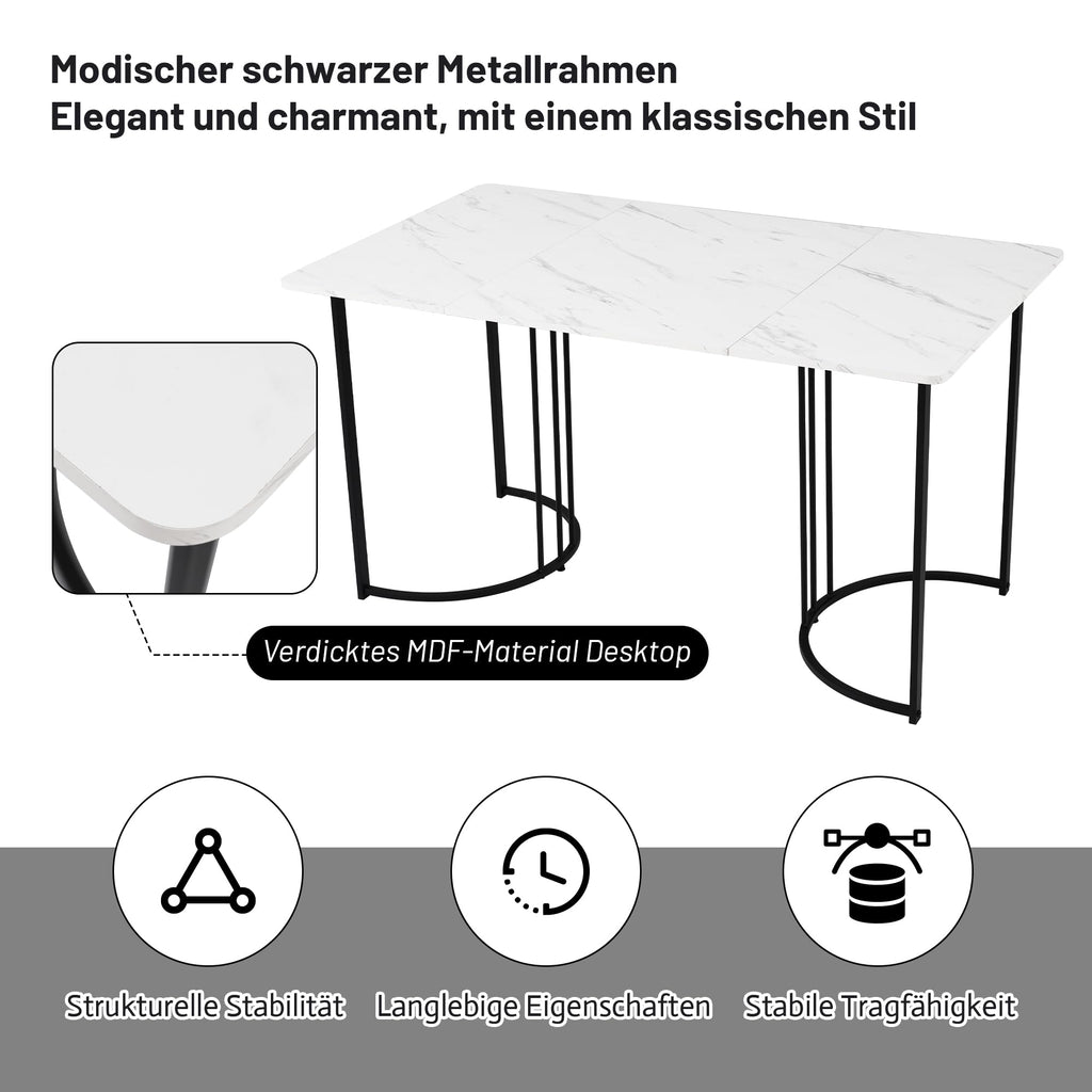 Merax Dining Table, 140 x 80 cm, Rectangular Marble Pattern Dining Table, for 4-6 People, Metal Frame, Adjustable Table Legs, Suitable for Restaurant, Living Room, Kitchen, Living Room, White/Black