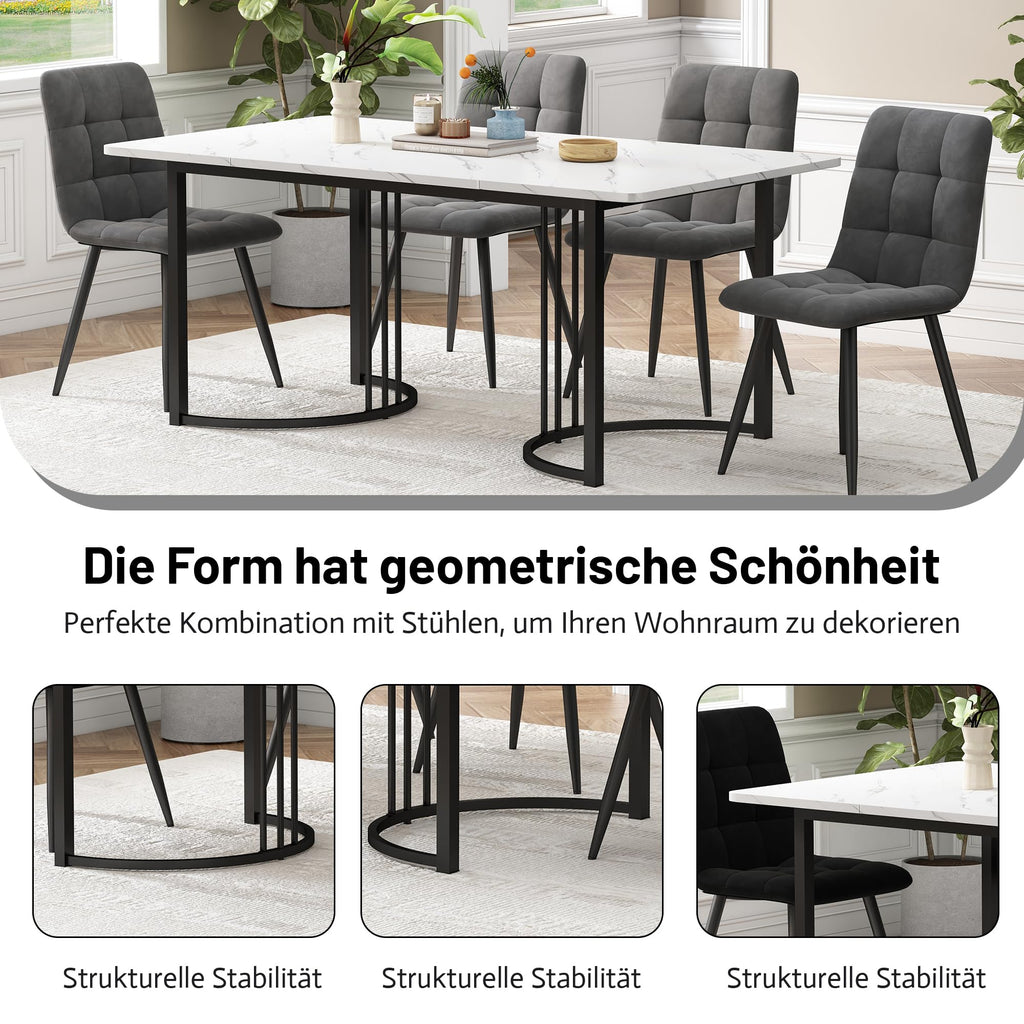 Merax Dining Table, 140 x 80 cm, Rectangular Marble Pattern Dining Table, for 4-6 People, Metal Frame, Adjustable Table Legs, Suitable for Restaurant, Living Room, Kitchen, Living Room, White/Black
