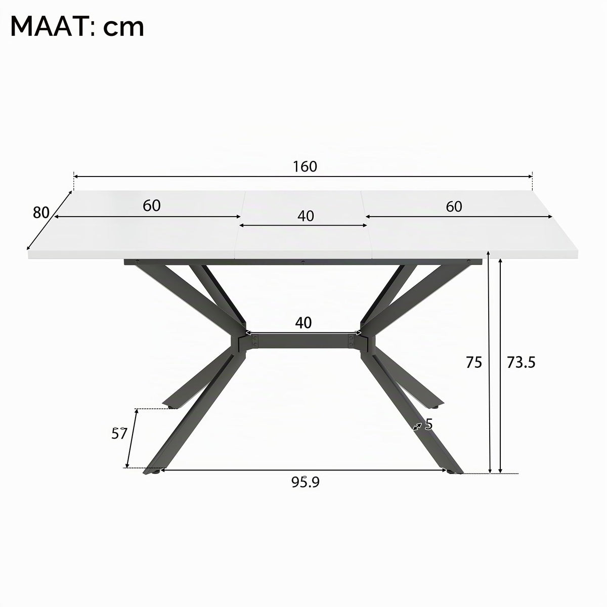 White Expandable Dining Table 120/160 x 80 cm, Black Metal Table Legs, White Rectangular Dining Table
