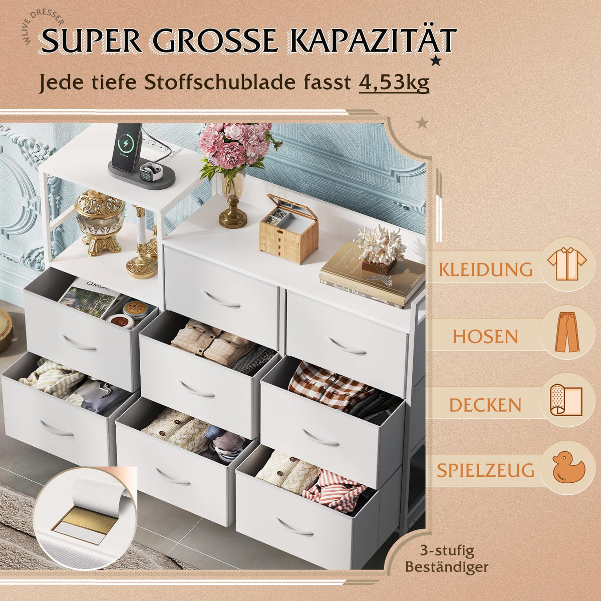 WLIVE 8 Chest of Drawers with Drawers, Fabric Drawers with Drawers, White