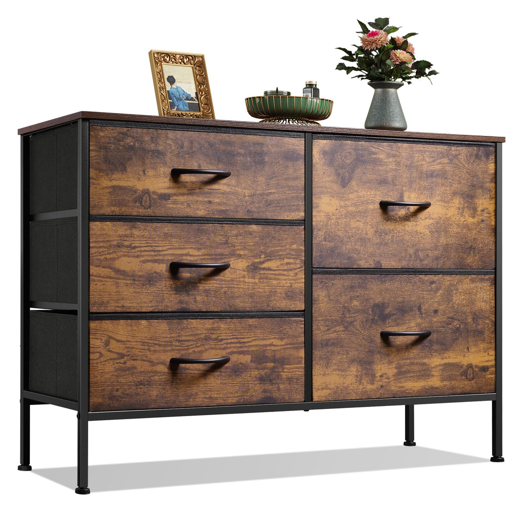 WLIVE 5 Drawer Fabric Dresser for Bedroom, Wide Storage Chest, Rustic Brown