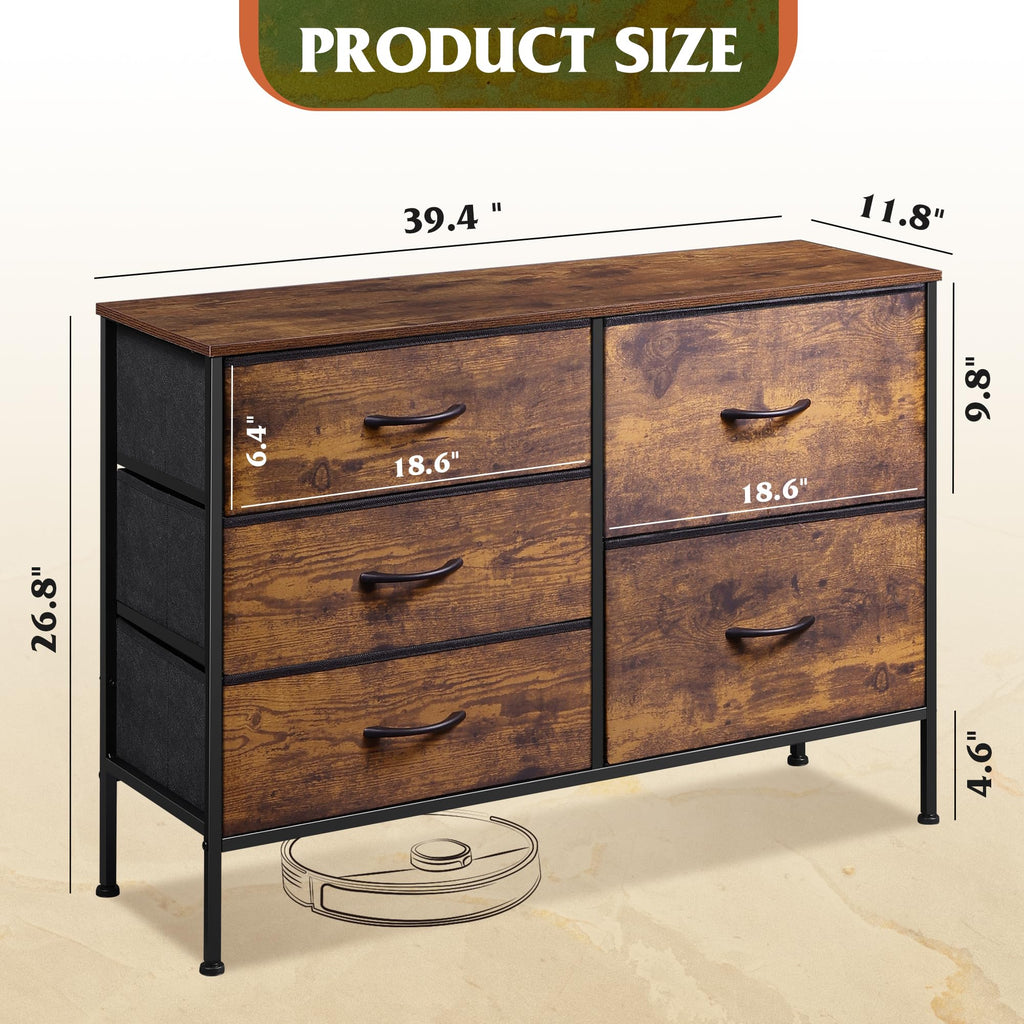 WLIVE 5 Drawer Fabric Dresser for Bedroom, Wide Storage Chest, Rustic Brown